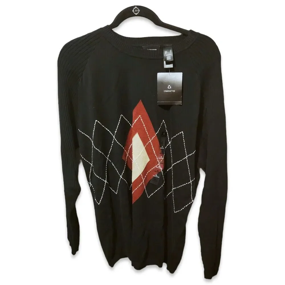 VTG Claiborne Black Red Argyle Diamond Cotton Golf Grandpa Sweater XL Long NWT - Picture 1 of 8